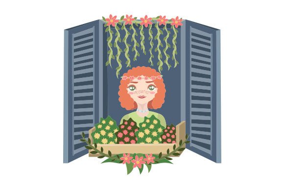 Cute Spring Girl by the Window with Flowers