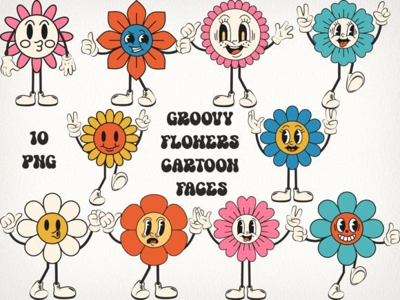 Groovy Flowers Cartoon Faces Graphics for Crafts