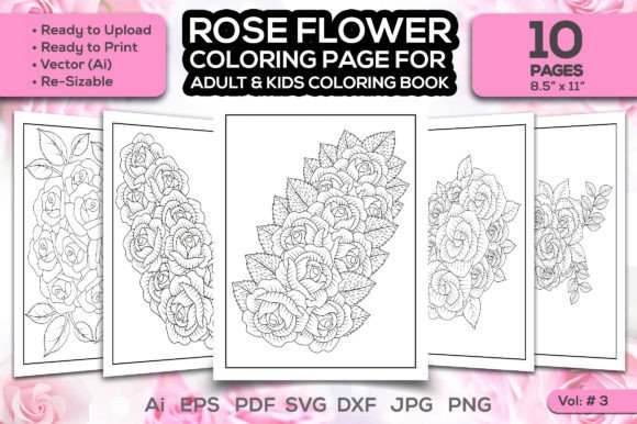 Pink Rose Flower Adult Coloring Page Kdp Graphics