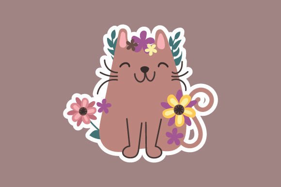 Spring Cat with Flowers, Sticker Style 1