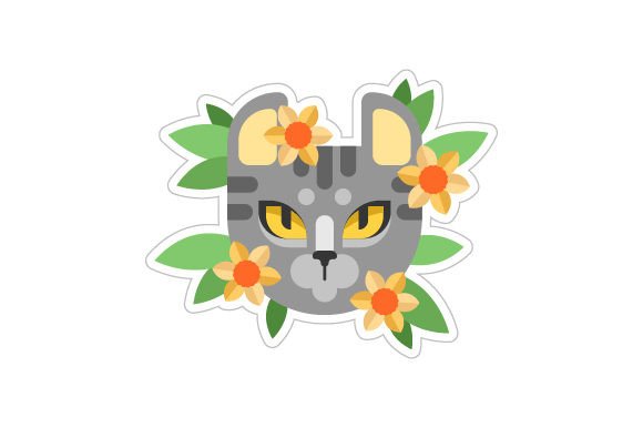 Spring Cat with Flowers, Sticker Style