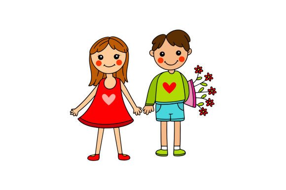 Spring Couple with Flowers Hearts, Cartoon Style Crafts