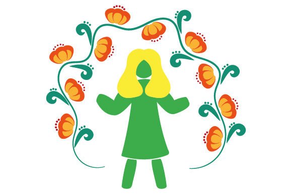 Spring Girl Surrounded by Flowers, Folk Art Style