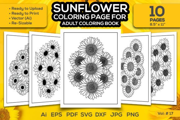 Sunflower Adult Coloring Page Bundle Svg Graphics